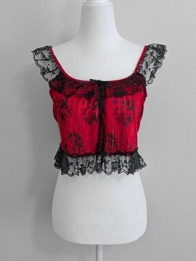 Vintage Stroke of Midnight Red & Black Lace Ruffled Crop Top | Size M